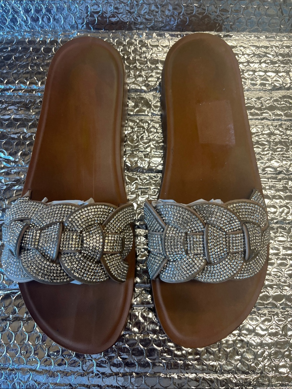 TOP Moda Brown Slide Sandals with Silver Rhinestone Braided Strap